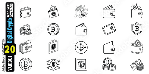 Bitcoin crypto wallet and coin icons set with money and shield cryptocurrency digital currency