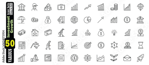 Collection of 50 black and white line art icons representing finance and investment