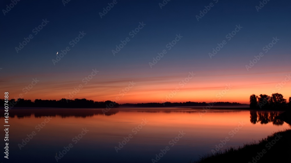 Fototapeta premium A serene lake at sunset with a crescent moon and a tree silhouetted against the horizon.