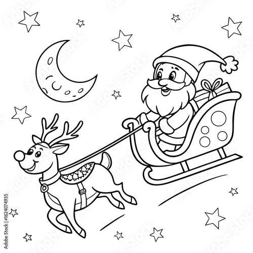 Santa Claus riding sleigh pulled by reindeer with gifts under moon and stars christmas