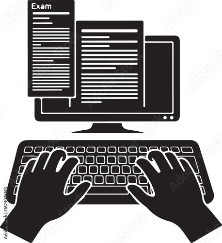 Hands typing on keyboard in front of computer screen with exam document vector