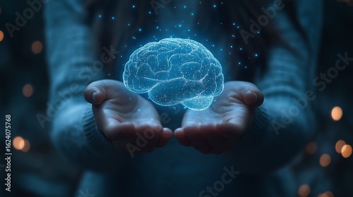 Human brain hologram floating above hands showing futuristic digital technology