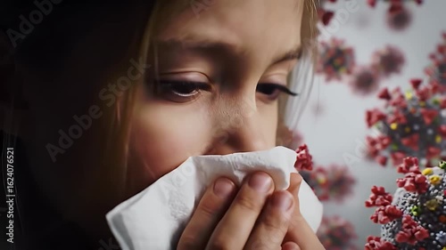 Young Child Sneezing Into Tissue with Coronavirus Particles on Background
