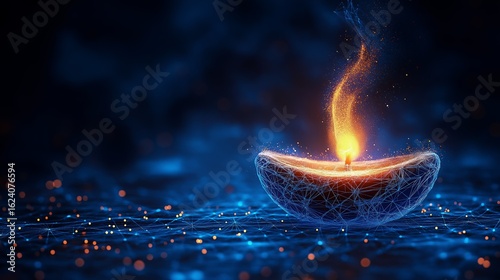 Futuristic Indian oil lamp glowing in a digital network mesh environment