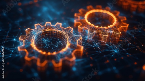 Futuristic gears in motion glowing in orange wireframe on digital blue mesh grid