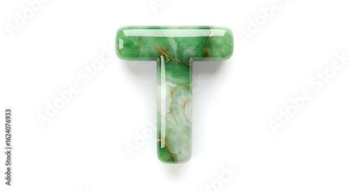 Polished green jade gemstone letter T with natural marbled pattern isolated on white background