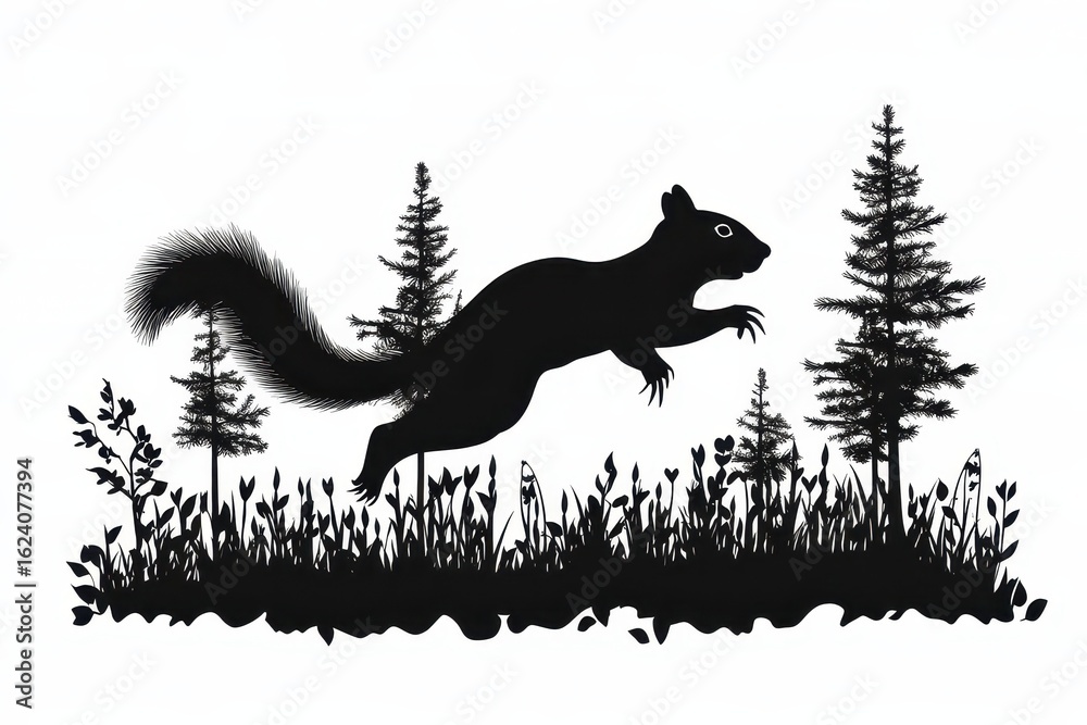 Obraz premium Leaping squirrel in forest icon vector illustration isoleted on white background in black silhouette complex photo .