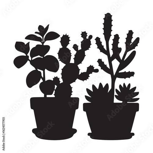 Potted houseplants indoor flowers foliage plants cactus succulents flowerpots Silhouette White Background. 