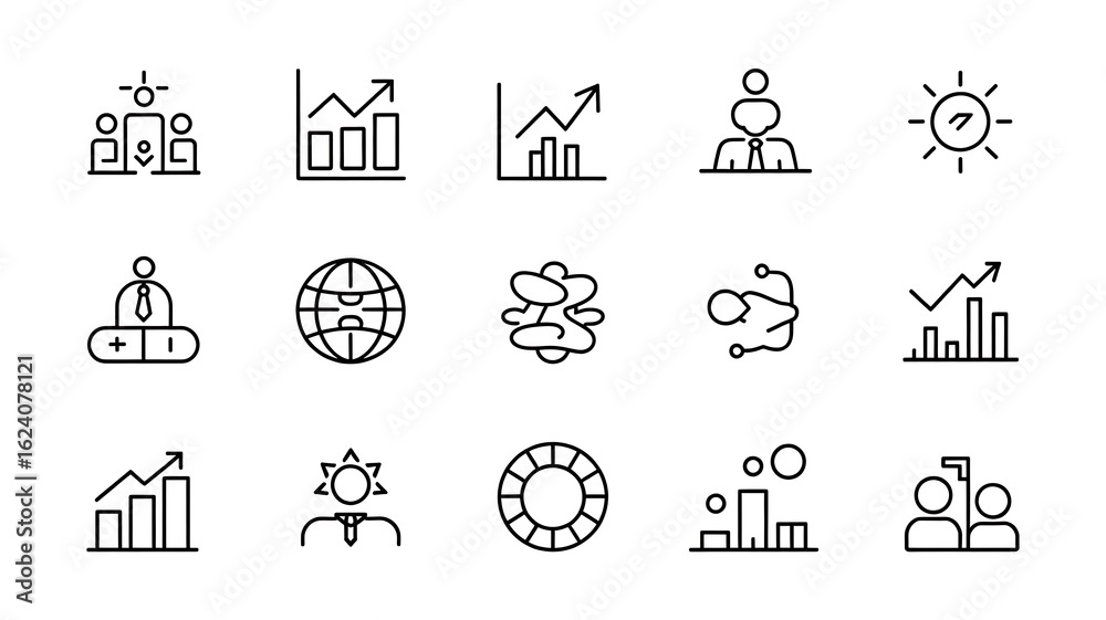 Fototapeta premium Set of modern business line icons representing data analysis, teamwork, management, growth, and digital strategy. Perfect for apps, presentations, infographics, and web design.