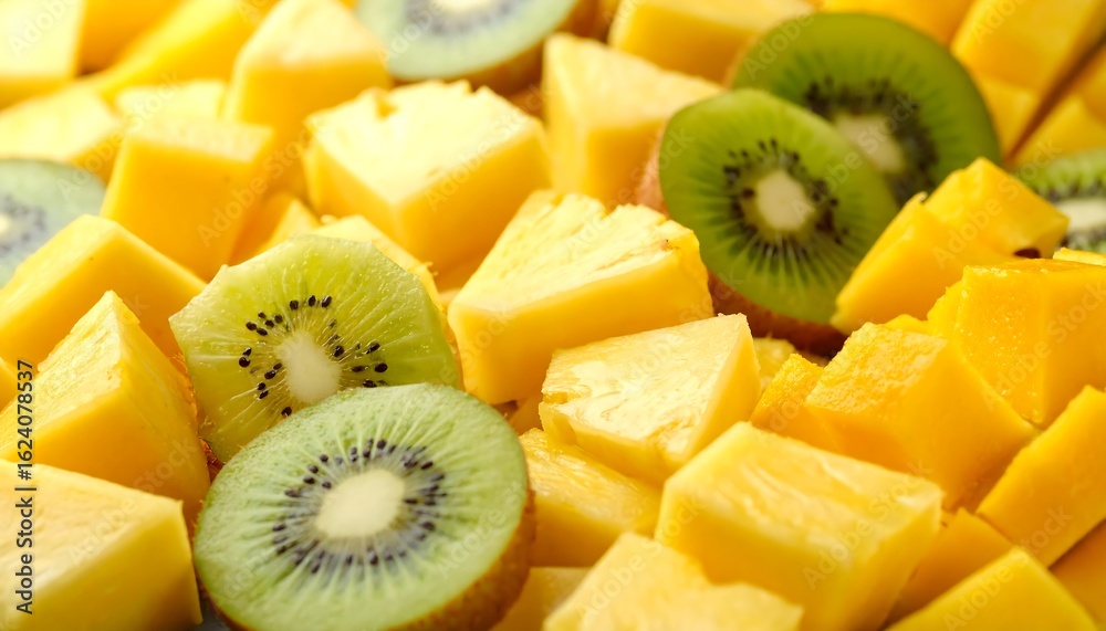 Close-up of diced pineapple and kiwi fruit Close-up of diced pineapple and kiwi fruit