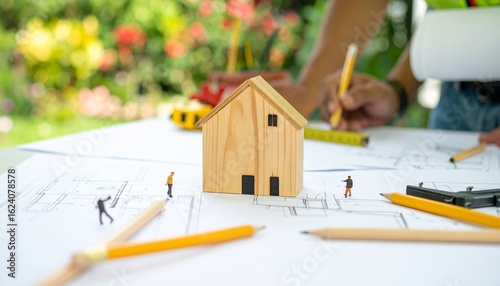 house model, architecture, blueprints, planning, design, miniature, figurines, colored pencils, landscaping, garden, flowers, greenery, concept art, construction, drafting, creativity, home, residenti