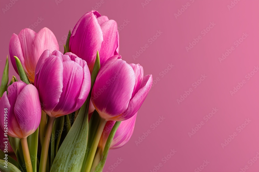 Obraz premium Flat lay of pink tulips on a soft pink background with copy space, minimalist pastel floral banner for spring themes and International Women's Day, top view in high-resolution with professional detail