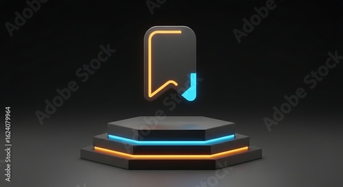 Glowing Bookmark Icon on a Hexagonal Podium with Neon Orange and Blue Lights