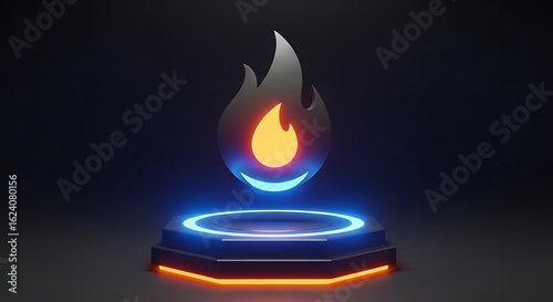 Glowing Flame Icon on Futuristic Platform with Neon Blue and Orange Lighting