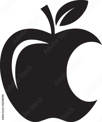 Black bitten apple with leaf fruit food