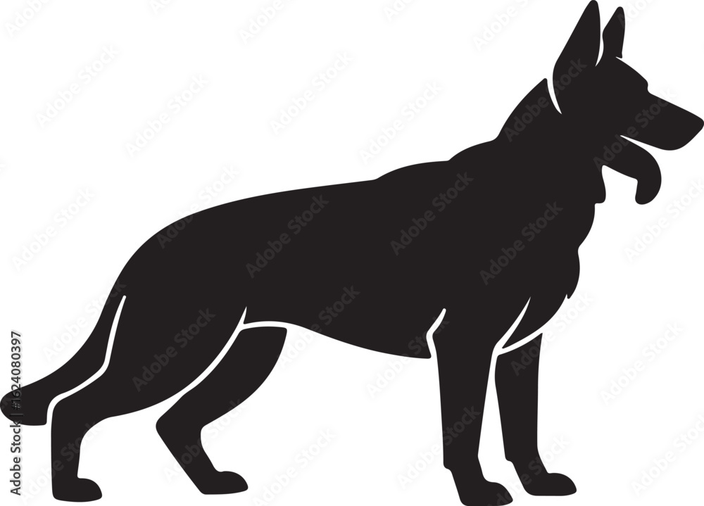 Fototapeta premium Black silhouette of a German Shepherd dog standing alert white