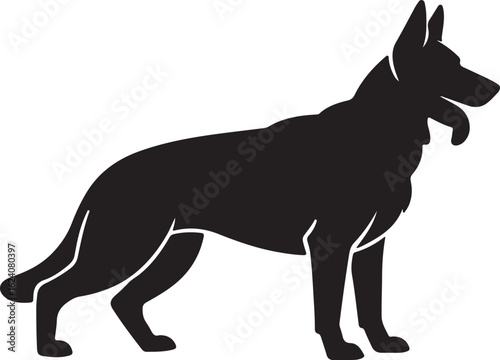 Black silhouette of a German Shepherd dog standing alert white