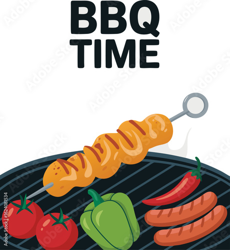 BBQ Time Illustration Grilled Skewer, Tomatoes, Green Pepper, Chili Pepper, and Sausages on Grill