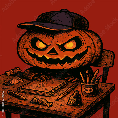 Spooky pumpkin in a crooked school hat at a desk with haunted supplies, glowing grin on red background.
