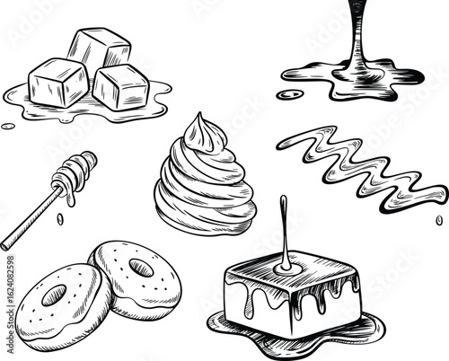 Hand-drawn dessert elements set, dripping syrup, melting ice cubes, sweets, honey, donuts, whipped cream, sketch style food illustration