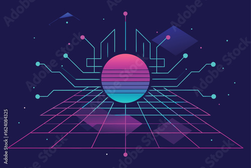 Retro Futuristic Digital Grid Landscape
