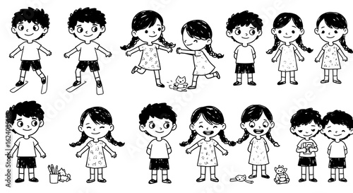 Hand-drawn black and white line art set of diverse children engaged in various activities: boys skiing, girls playing with toys, reading, and happy standing poses.