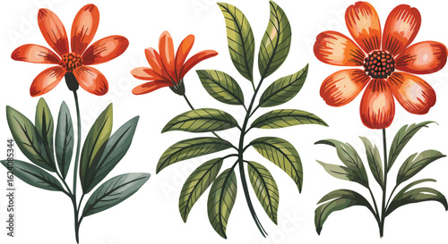 Tropical plumeria flower and leaf clipart set, botanical watercolor illustrations with yellow frangipani blooms and lush greenery.