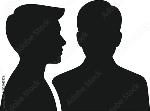 Two male silhouettes facing each other on white background