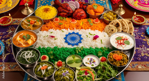 Elaborate Indian food thali celebrating a national festival, with rice art depicting the Tricolour flag surrounded by various dishes.