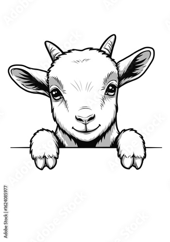 A charming black and white illustration of a cute baby goat peeking over a ledge.