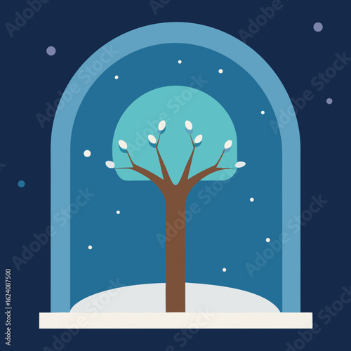 Winter tree under archway with snowfall and stars
