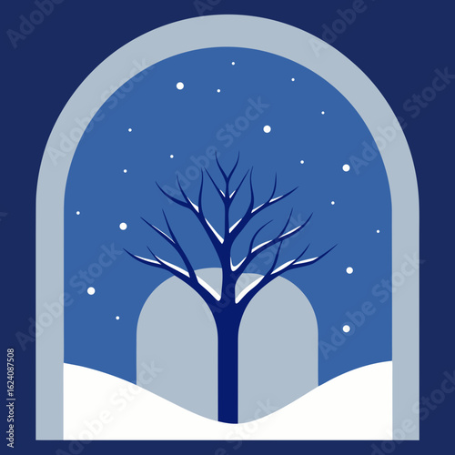 Winter scene through an archway with snowing sky