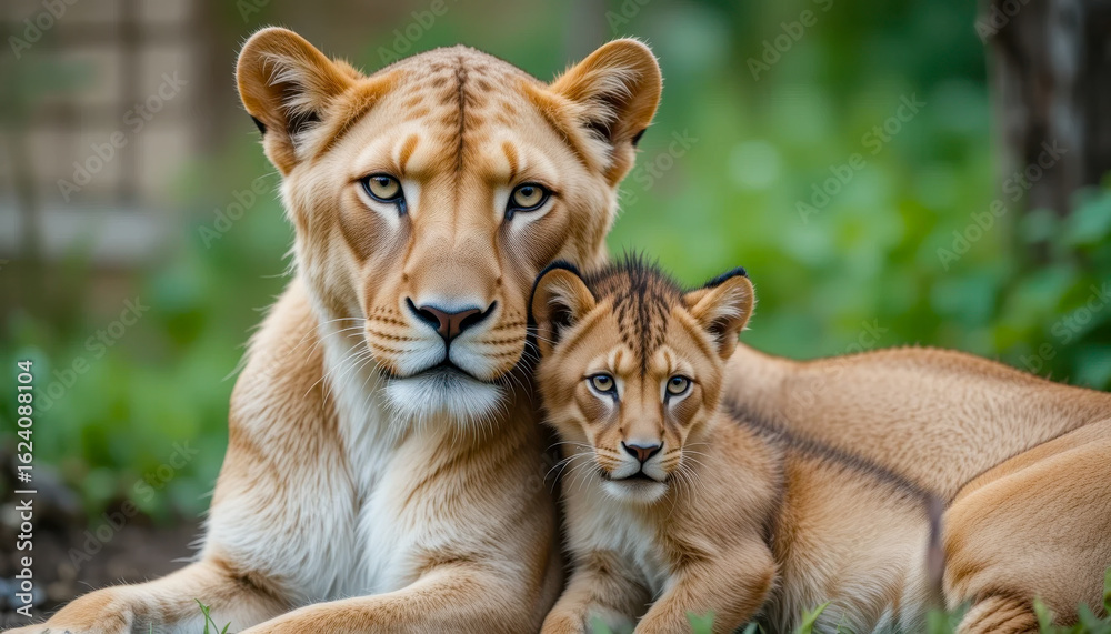 Obraz premium A tender portrait of a lioness and her cub, nestled together, showcasing the close bond of motherhood. The pair gaze directly at the viewer.
