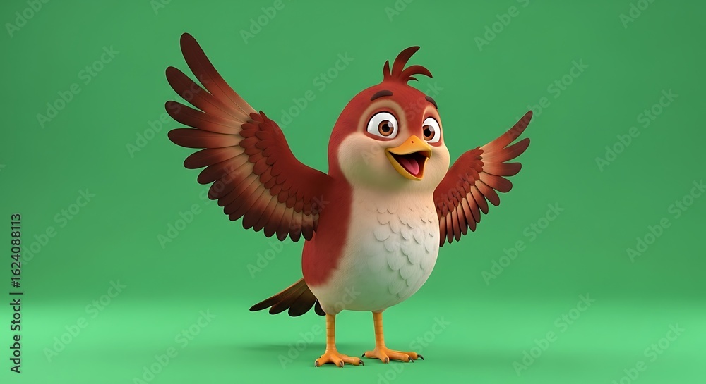 Obraz premium Cheerful cartoon bird with outstretched wings, against a green background.