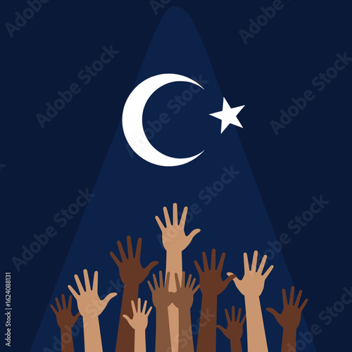 A group of diverse hands reaches up toward a crescent moon and a star. This image evokes unity, aspirations, and cultural symbolism, reflecting collective ambition and hope.