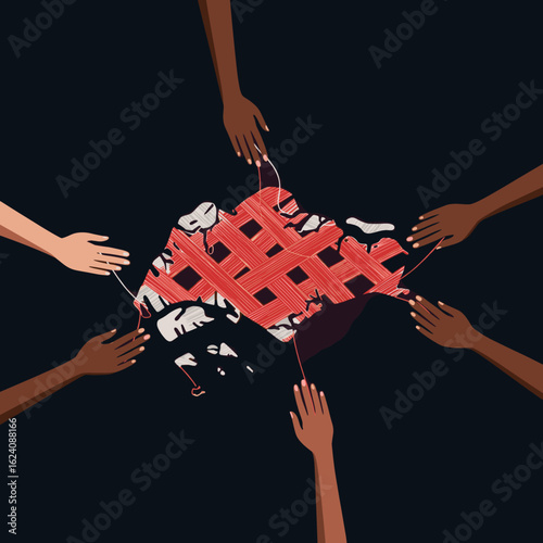 A diverse group of people walks around the Singaporean flag, symbolizing collective progress and unity towards a common goal for the nation.