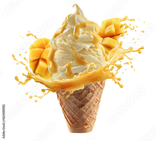  Mango ice cream, orange juice splash, white background