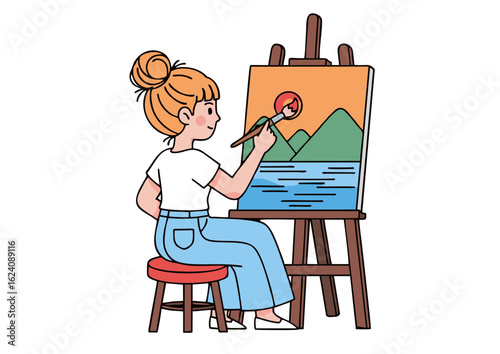 Young Woman Painting Landscape on Canvas with Brush and Easel.