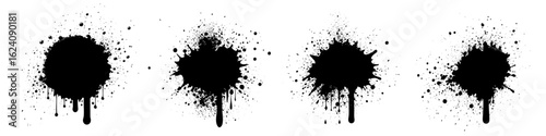 black grunge paint splat. Spray graffiti brush strokes and black paint splatter collection with ink blotches. vector illustration