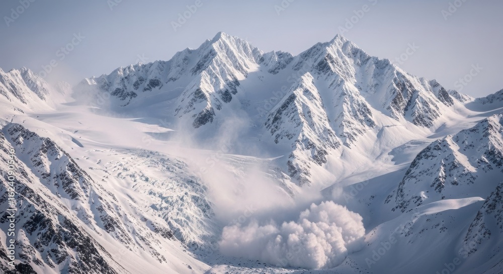 Fototapeta premium Majestic snowcovered mountain peaks with a dramatic avalanche in progress