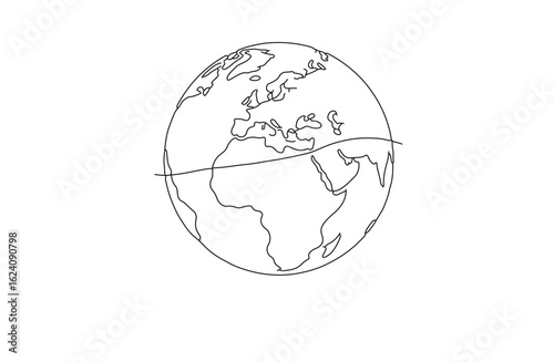 Minimalist Continuous line art Earth Black and White Globe Illustration Featuring Europe, Africa, and Asia