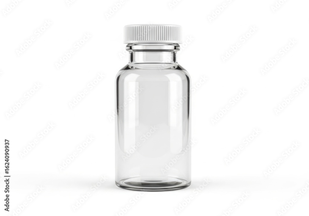 Clear glass bottle with white cap isolated on white background Clear glass bottle with white cap isolated on white background