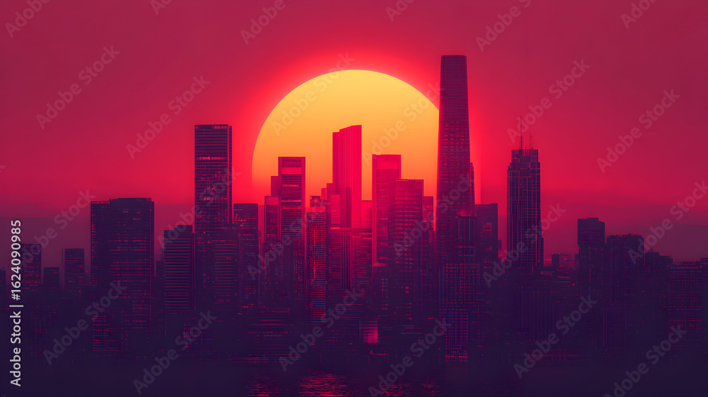 Obraz premium Silhouetted city skyline against a large orange sun setting in the sky.