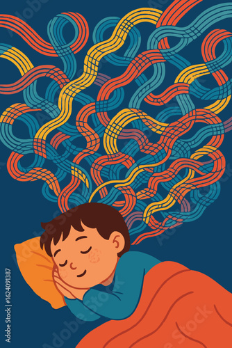 boy Sleeping with Colorful Abstract Thoughts and Dreams Flowing from His Mind