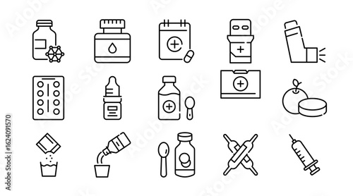 Dosage forms linear icon set. Tablet, capsule, syrup, injection, ointment, drop, powder, inhaler, cream, gel, patch, vial, bottle, blister pack, drug delivery vector icon set. UI thin line pack