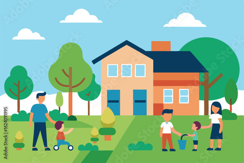 front yard of a family house vector showing kids p.eps