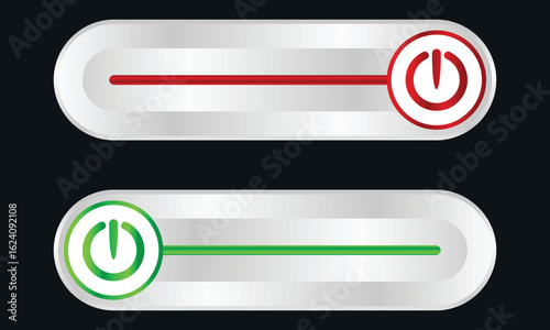 Set of 2 On Off slider style power buttons with grey background, The Off buttons are enclosed in red circle and the on buttons in green circle vector template