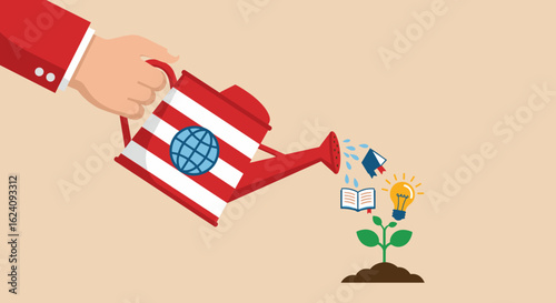 A watering can styled with the Indonesian flag is watering a growing plant, with icons symbolizing knowledge, books, and ideas sprouting from the plant. 