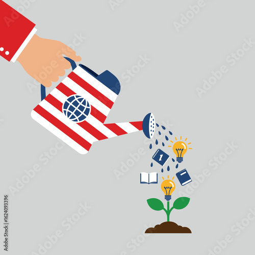 A watering can styled with the Indonesian flag is watering a growing plant, with icons symbolizing knowledge, books, and ideas sprouting from the plant. 