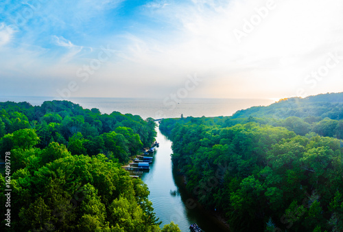 Aerial View of Mona Lake Channel Leading to Lake Michigan, Norton Shores, Michigan at Sunrise” 2025 